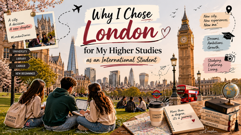 "International student studying in London outside a university campus"