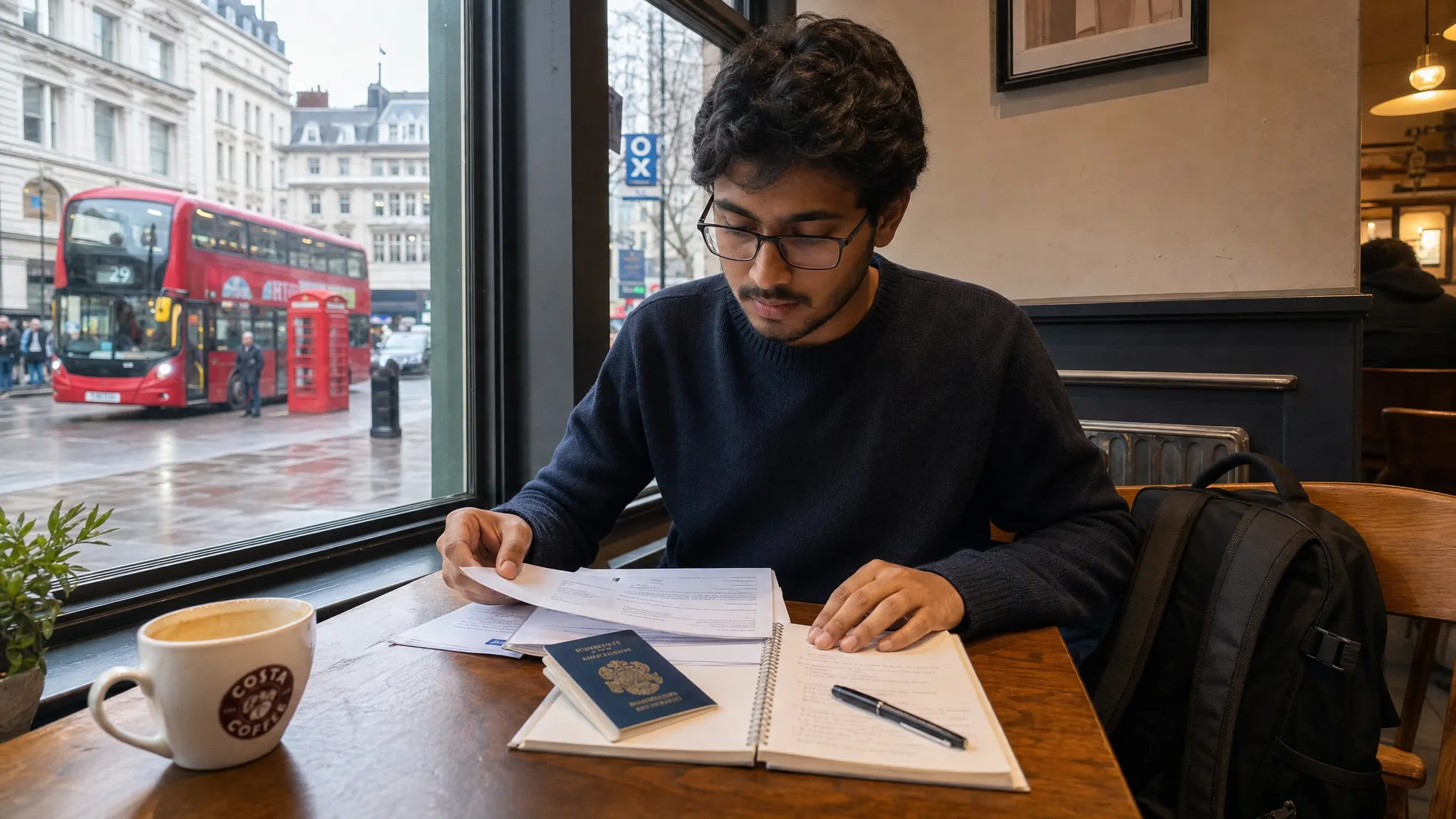 An international student in London organizing a CV, passport, visa documents, and a notebook on a café table, with a backpack beside them and the street visible through the window.